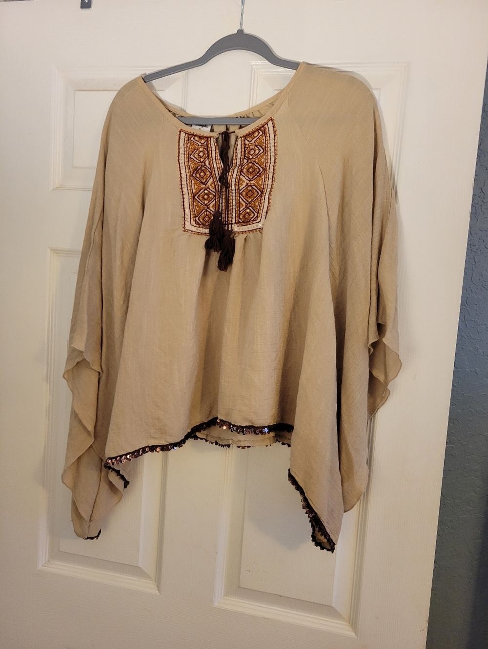 Wrangler Boho Hippie Embroidered Kimono Sleve Western Shirt Poncho Blouse Size M